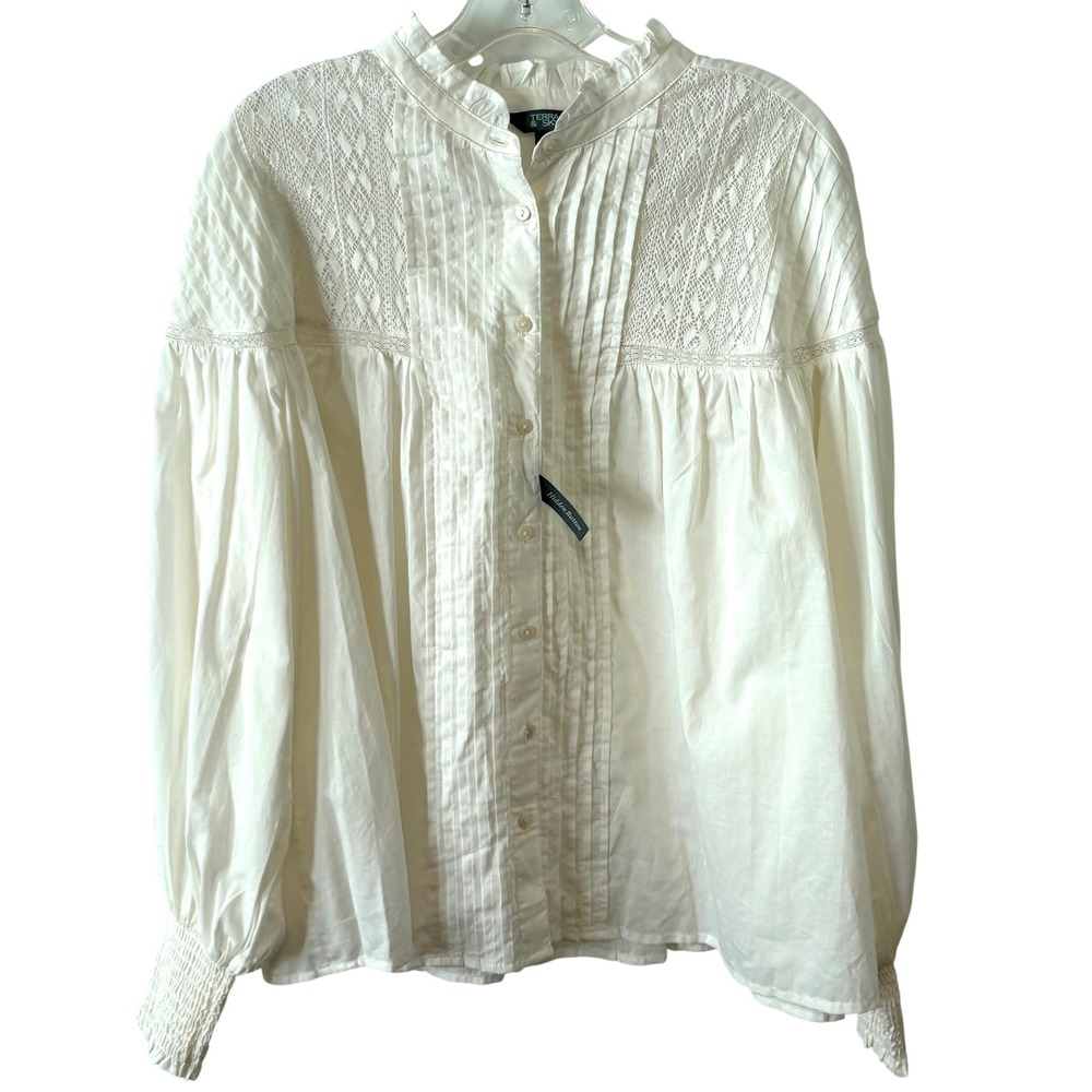 Terra & Sky White Cotton Cottagecore Prairie Lacy Long Sleeve Button Up Size 1X